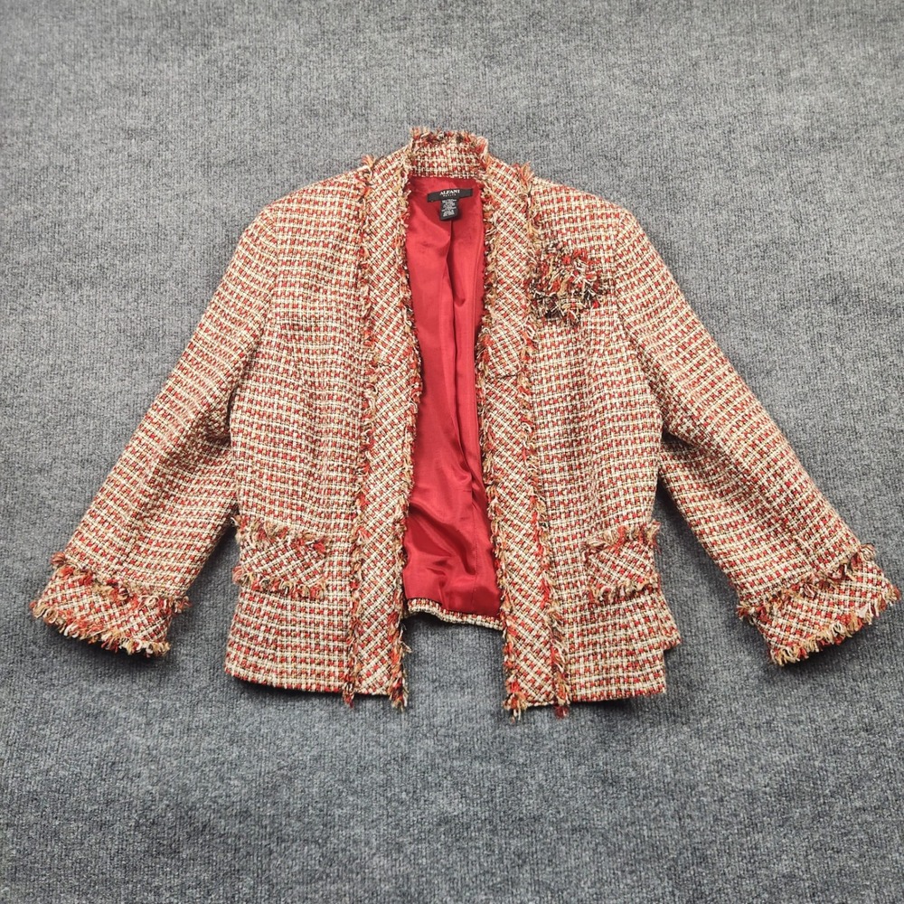 Alfani Petite Red Tweed Open Front Blazer Fringe Trim Brooch Size 10P